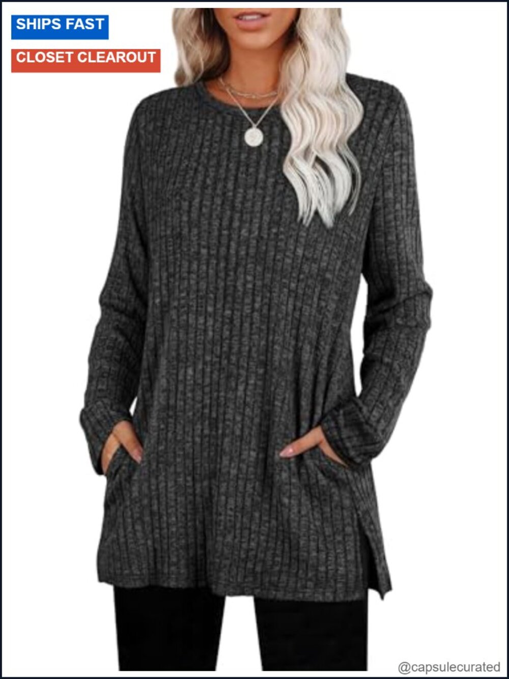 Women's Tunic Sweater Long Sleeve with Pockets Side Slit Crewneck